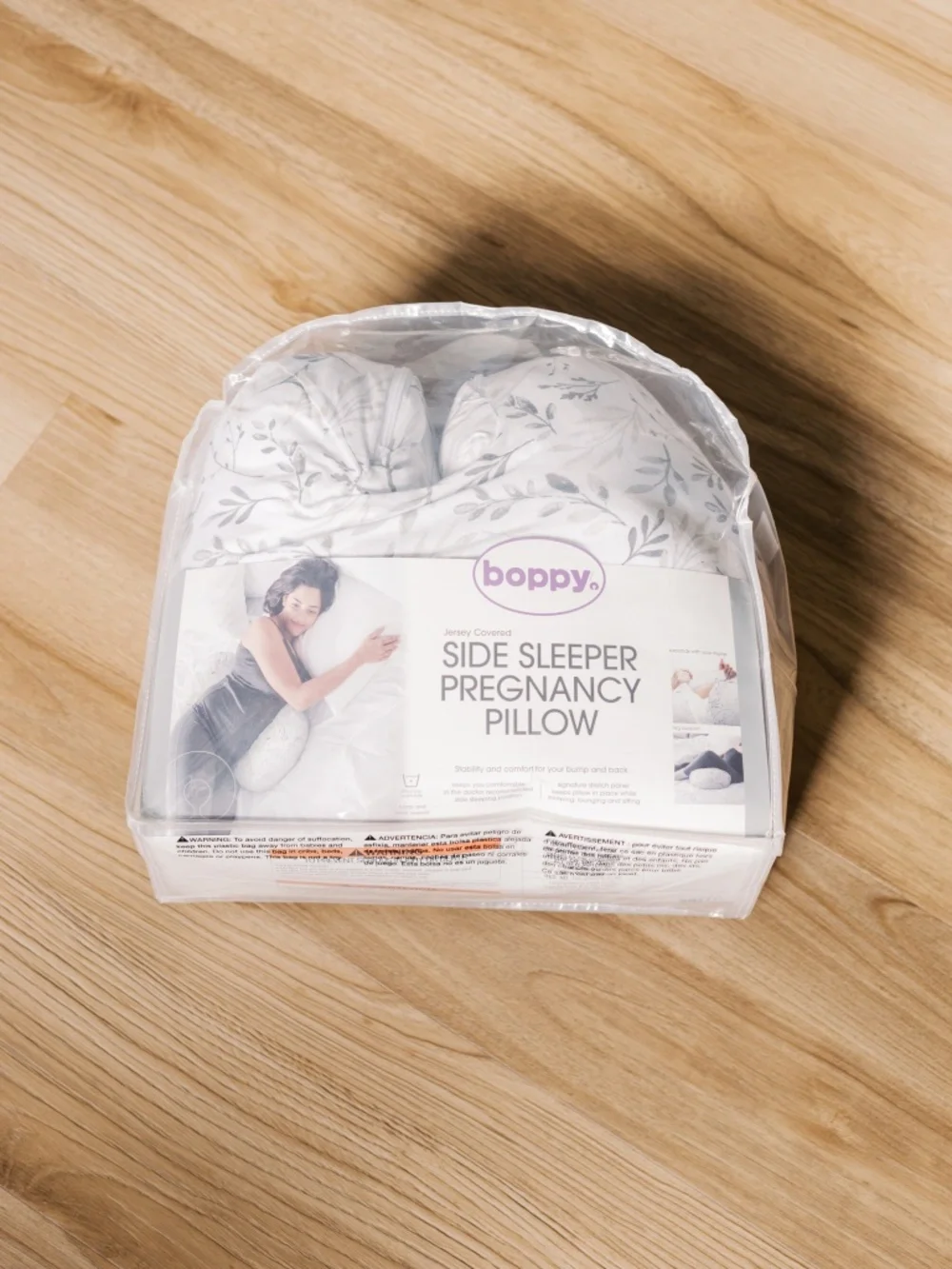 Boppy Side Sleeper Pregnancy Maternity Pillow Jersey Leaf Print Grey White